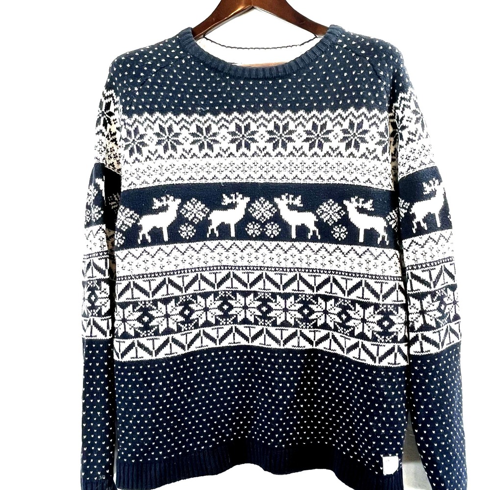 Angelo Litrico Mens Sweater Reindeer Fair Isle Knit XL Navy White Nordic C&A